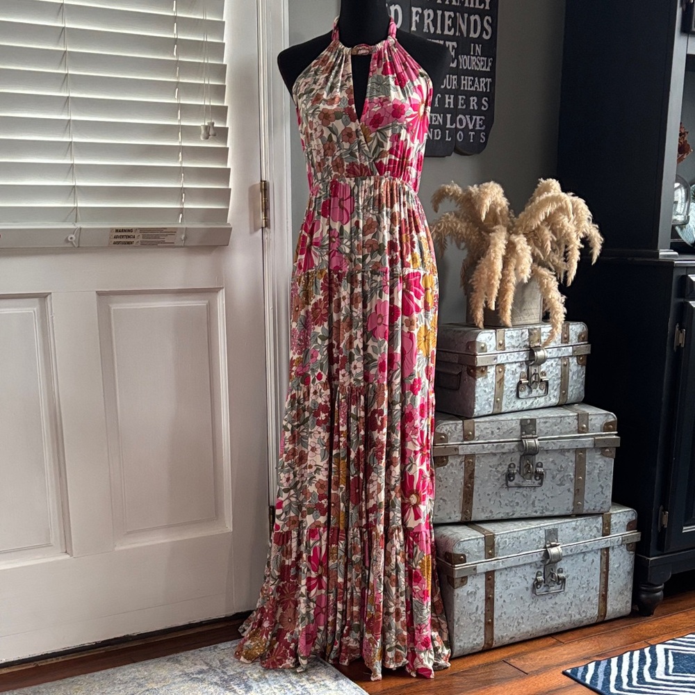 Aakaa Floral Open Back Halter Maxi Dress Pink Boho Wedding Guest Size M - Picture 4 of 12
